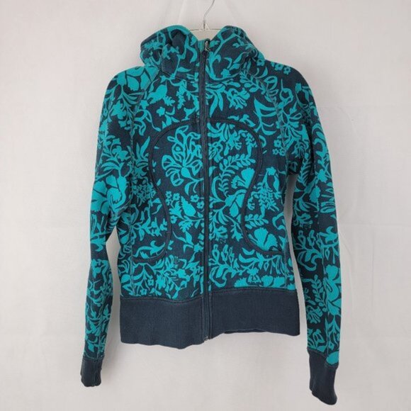 LULULEMON Womens XS? S? Scuba Hoodie Jacket Teal Turquoise Full Zip Floral Print - Picture 1 of 14